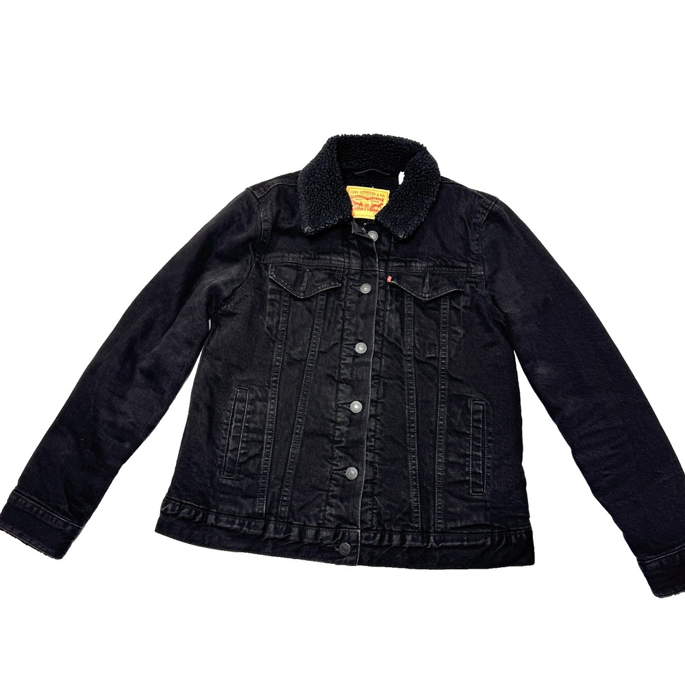Levi's Trucker Jacket Women's M Black Sherpa Lined Western Classic Button Front